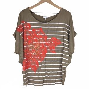 CACHE Top Blouse Stripe Floral Batwing Sleeves Tan White Orange Size Medium